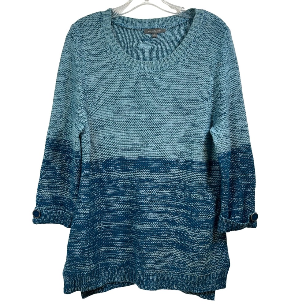 NY Collection Blue Ombre Marled Knit Sweater 3/4 Sleeve Button Cuff Tunic XL